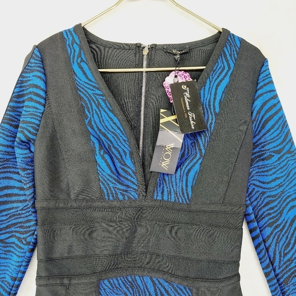 Wow Gold Label Blue & Black Zebra V Neck Bodycon Dress 183 - Picture 3 of 8